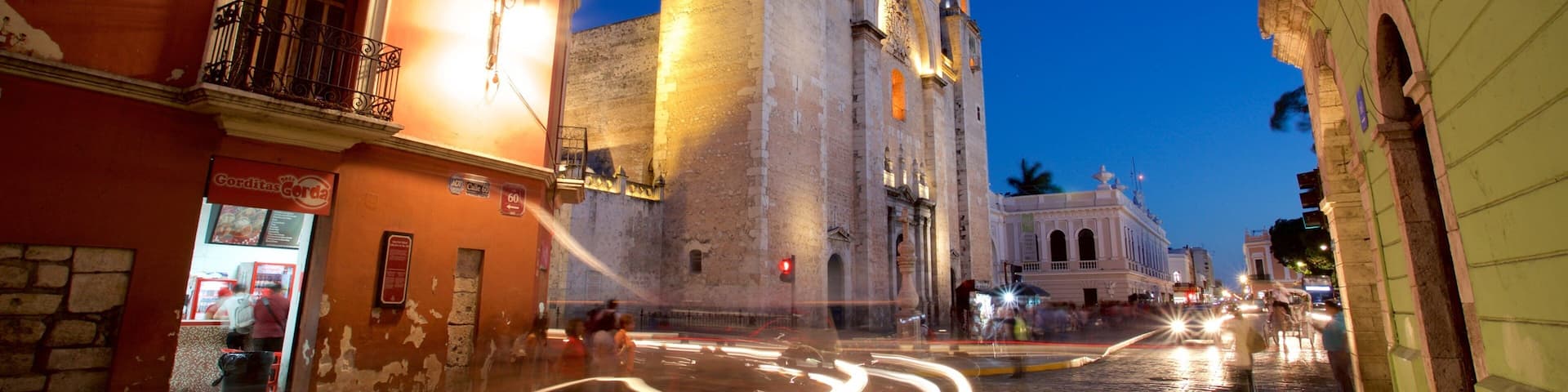 Merida Cathedral showing night scenes and heritage architecture