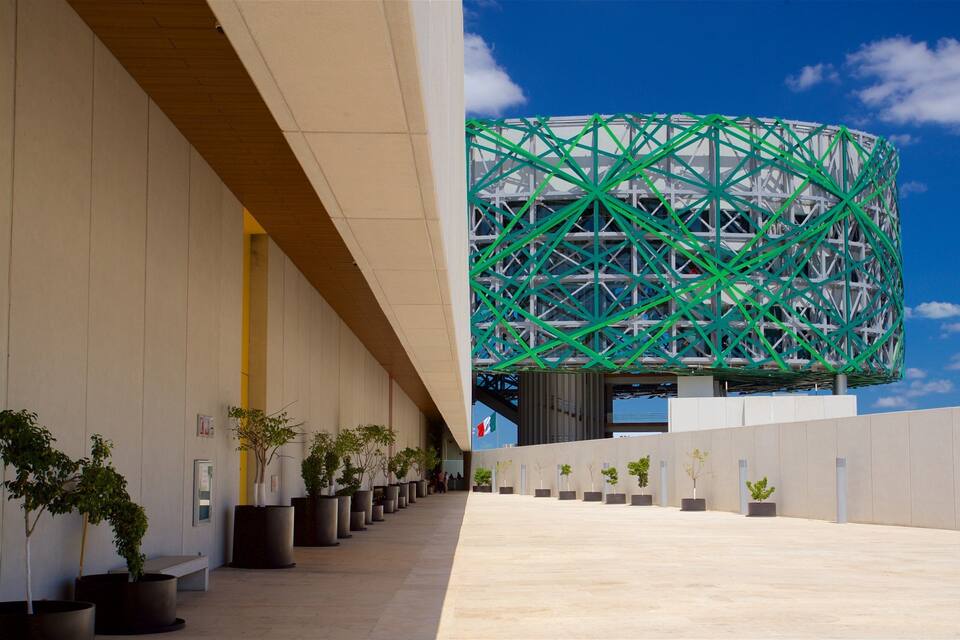 Un bâtiment moderne doté d’une structure en treillis végétalisée et de plantes en pot disposées le long du chemin.