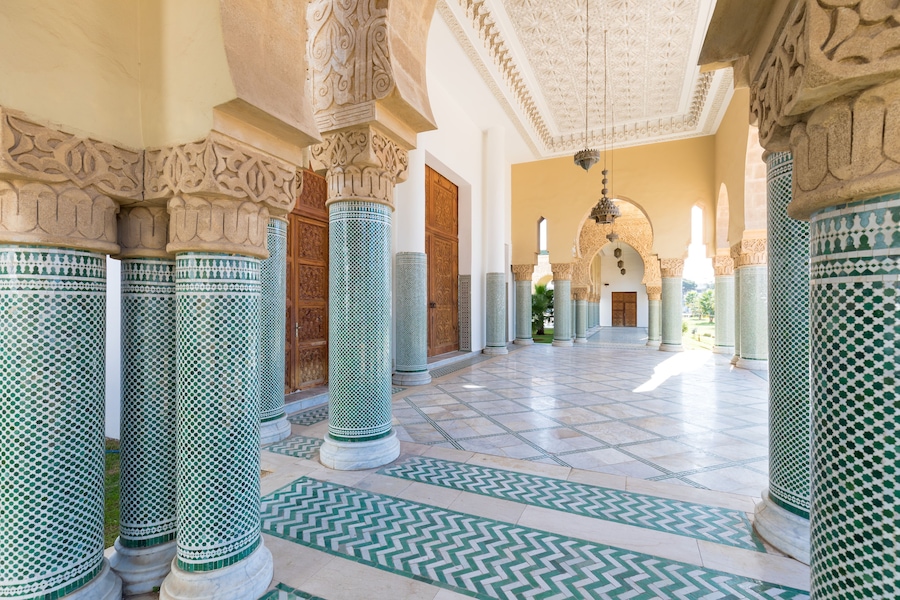 Traditional and typical moroccan architectural details. Mosque in Kenitra, Province West Chrarda Beni Hussein, Morocco. Construction detail, sunny day.