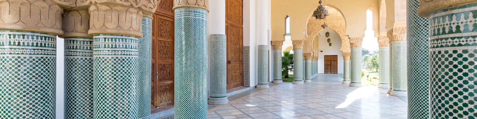 Traditional and typical moroccan architectural details. Mosque in Kenitra, Province West Chrarda Beni Hussein, Morocco. Construction detail, sunny day.