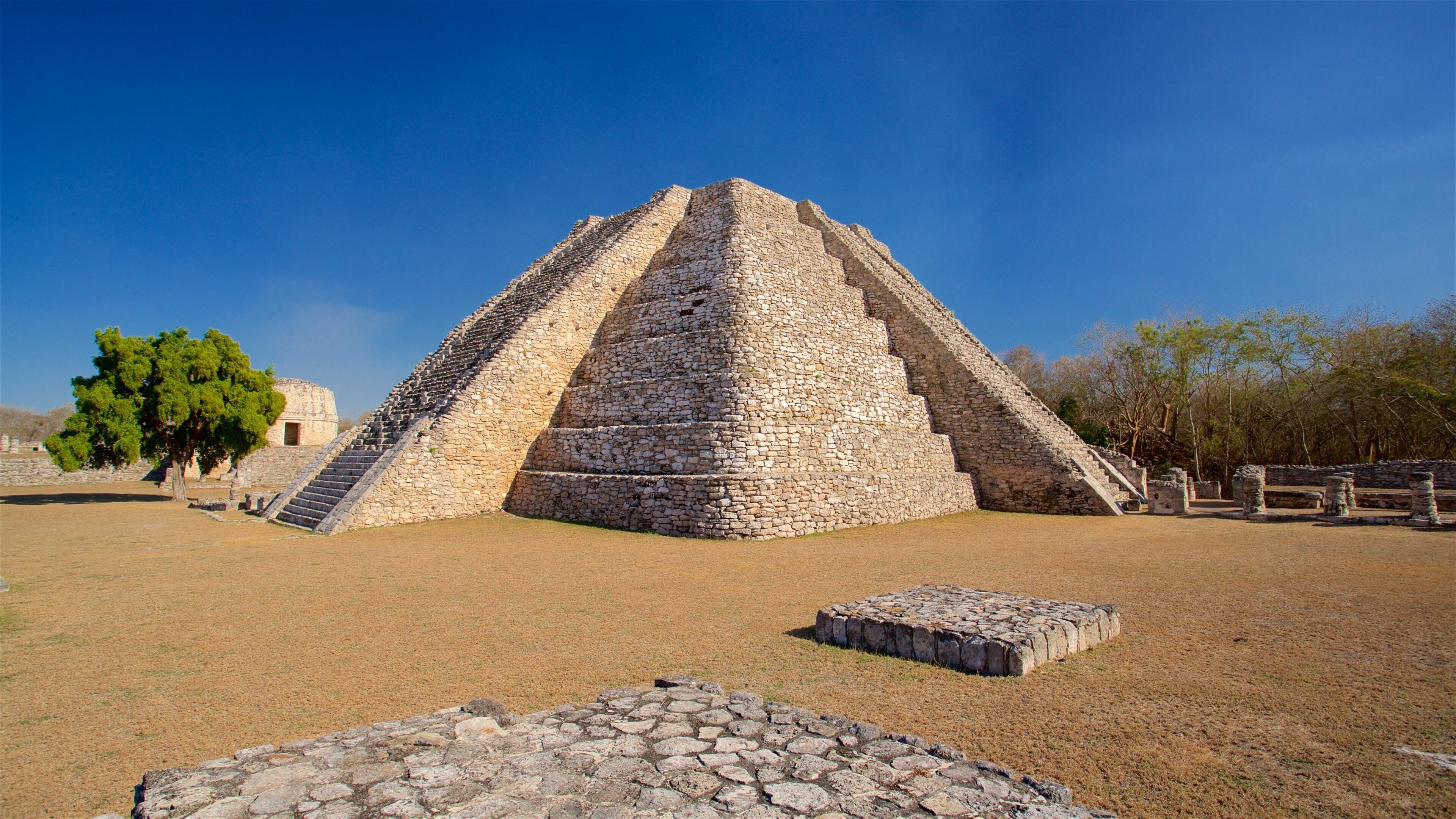 A large stone pyramid with a staircase leading to the top, surrounded by a grassy area and trees.