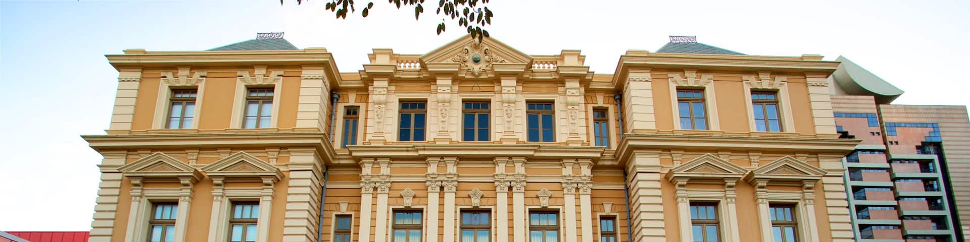 A large, ornate building with a central entrance flanked by two wings, featuring decorative columns and arched windows.