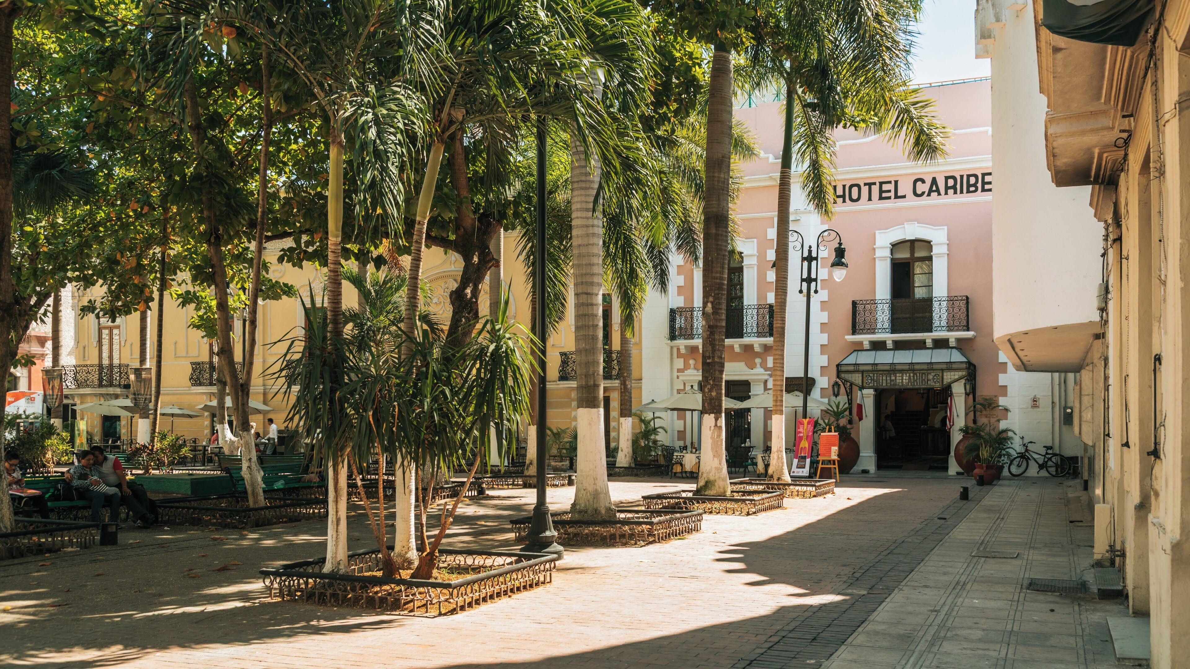 Vibrant atmosphere of Hidalgo Park in Mérida Centro, highlighting the lush greenery and historic architecture in Yucatán, Mexico