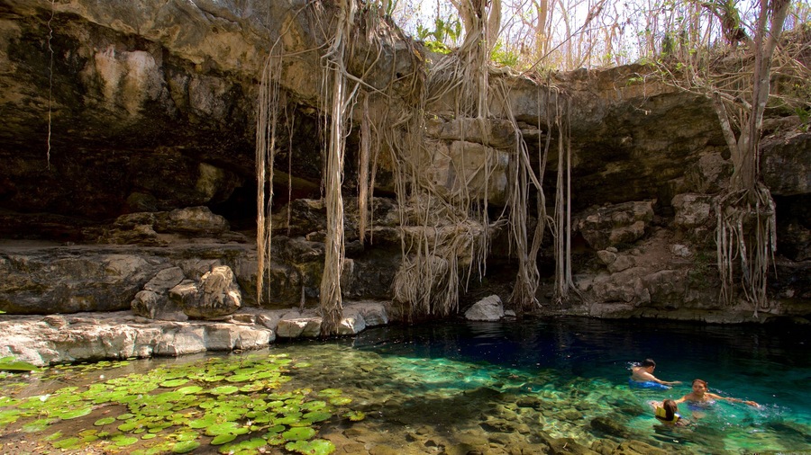 Cenote X\'batun toont zwemmen en een meer of poel en ook een klein groepje mensen