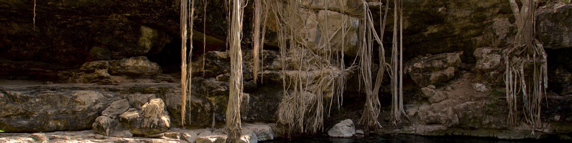 Cenote X\'batun showing a lake or waterhole and swimming as well as a small group of people