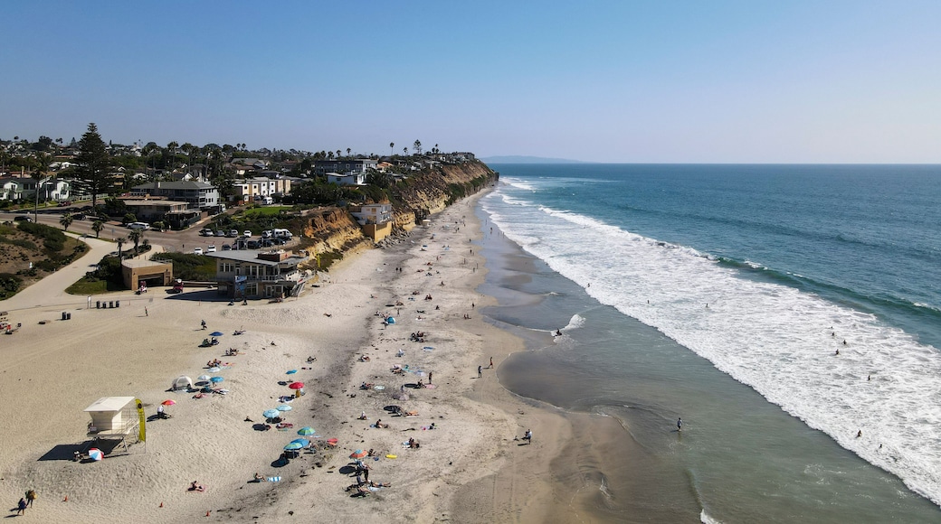 A coastal beach with houses along the cliffside, a sandy shore, and waves crashing onto the beach.