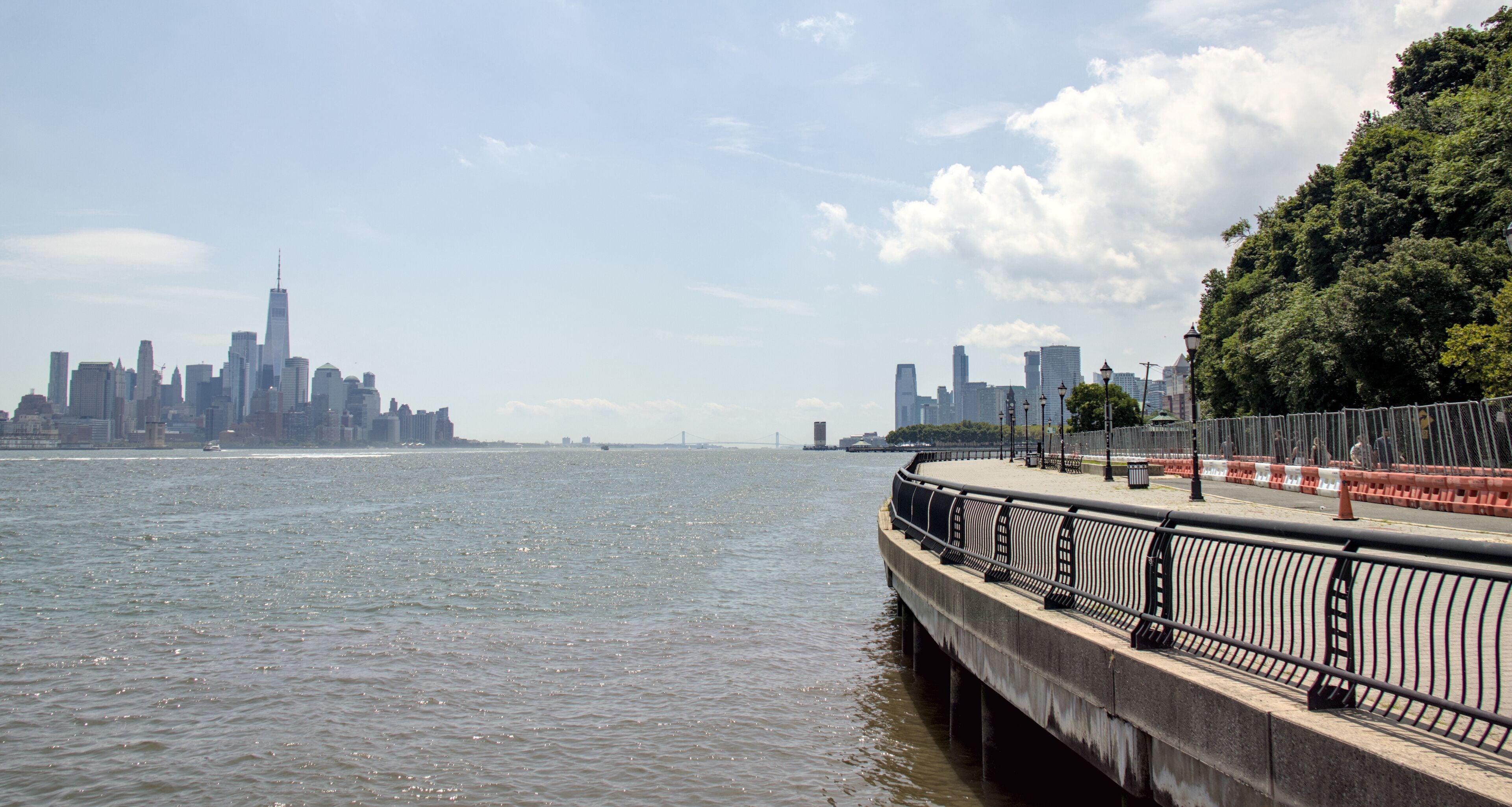 hudson river pier with midtown manhattan skyline skyscrapers (public park promenade) hoboken jersey city new jersey (waterfront castle point new york city nyc) travel tourism dock harbor