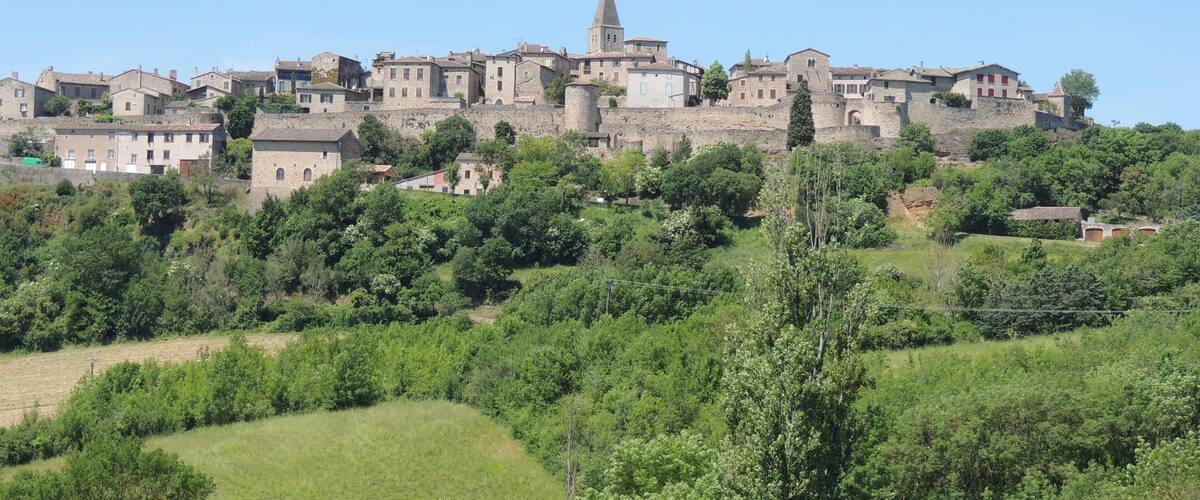 A historic town with medieval architecture, including a prominent tower and fortified walls, set against a backdrop of lush greenery.