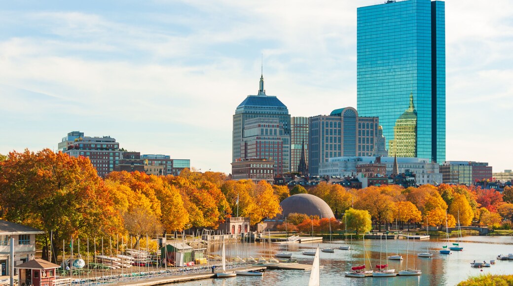 Back Bay neighborhood in the fall colors and Charles river yacht club, Boston, Massachusetts
