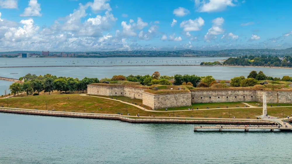 Aerial view of historic Fort Warren on Georges Island at the entrance to Boston Harbor, Massachusetts, USA