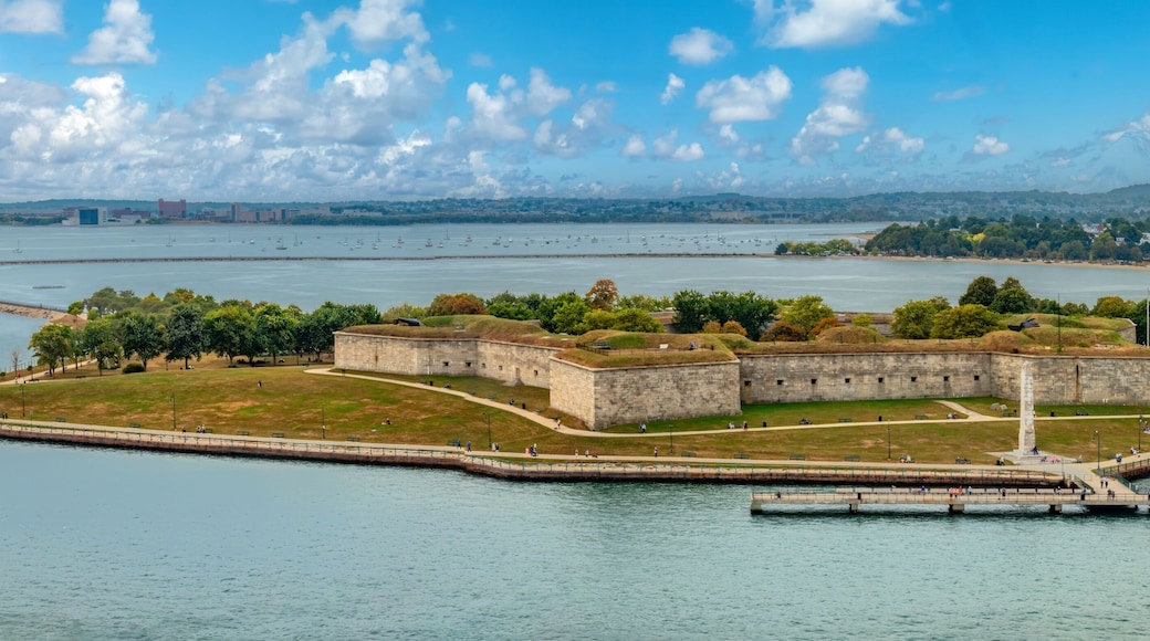 Aerial view of historic Fort Warren on Georges Island at the entrance to Boston Harbor, Massachusetts, USA