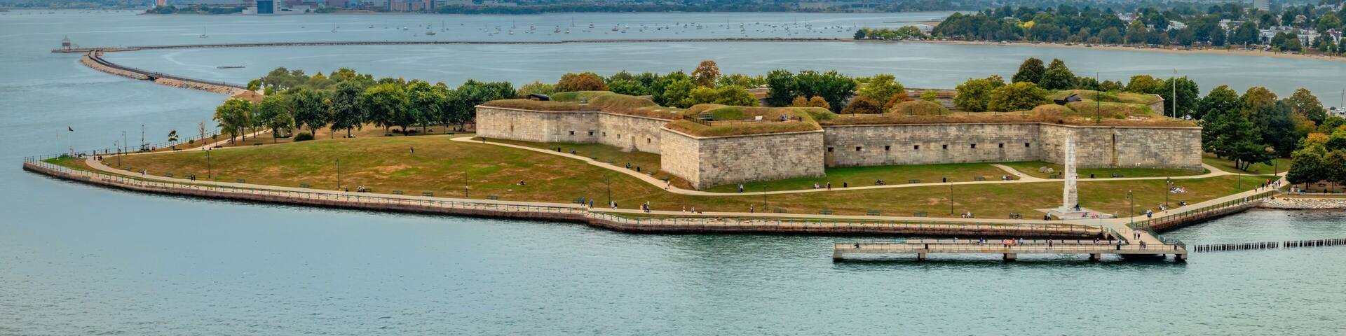 Aerial view of historic Fort Warren on Georges Island at the entrance to Boston Harbor, Massachusetts, USA