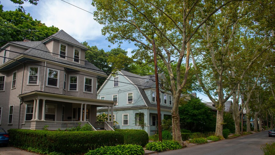 Historic buildings on Beals Street in the Coolidge Corner of Brookline near Boston, Massachusetts, MA, USA. John Fitzgerald Kennedy National Historic Site NHS is located on this street.