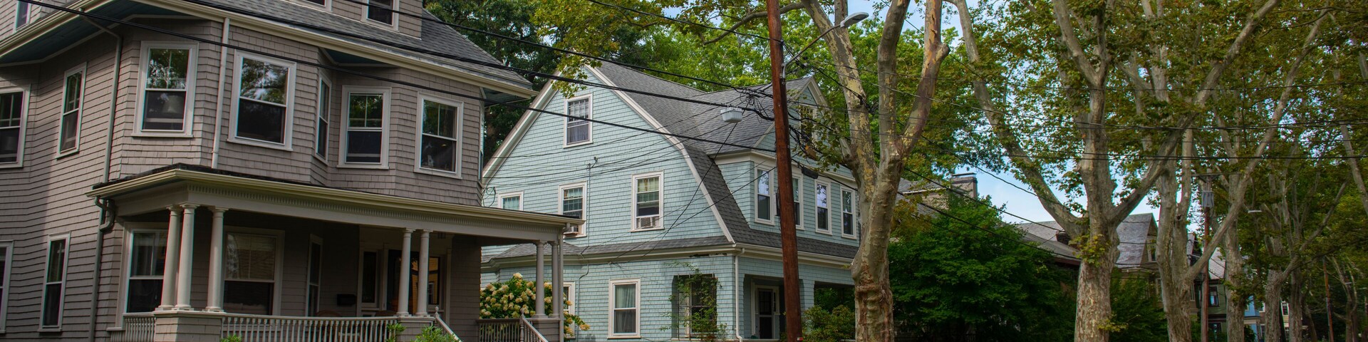 Historic buildings on Beals Street in the Coolidge Corner of Brookline near Boston, Massachusetts, MA, USA. John Fitzgerald Kennedy National Historic Site NHS is located on this street.