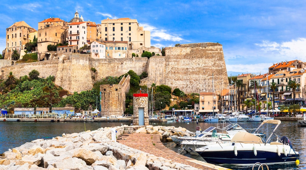 Ultra-Wide 10K Panorama of Calvi: Medieval Citadel and Luxury Marina. Panoramic View of Historic Fortress and Coastal Town in Balagne Region, Corsica, France