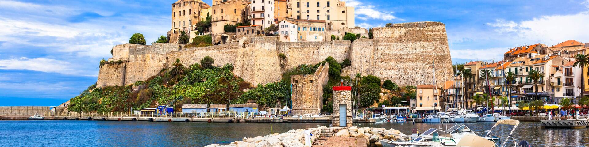 Ultra-Wide 10K Panorama of Calvi: Medieval Citadel and Luxury Marina. Panoramic View of Historic Fortress and Coastal Town in Balagne Region, Corsica, France