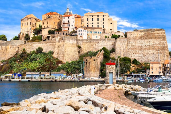 Ultra-Wide 10K Panorama of Calvi: Medieval Citadel and Luxury Marina. Panoramic View of Historic Fortress and Coastal Town in Balagne Region, Corsica, France