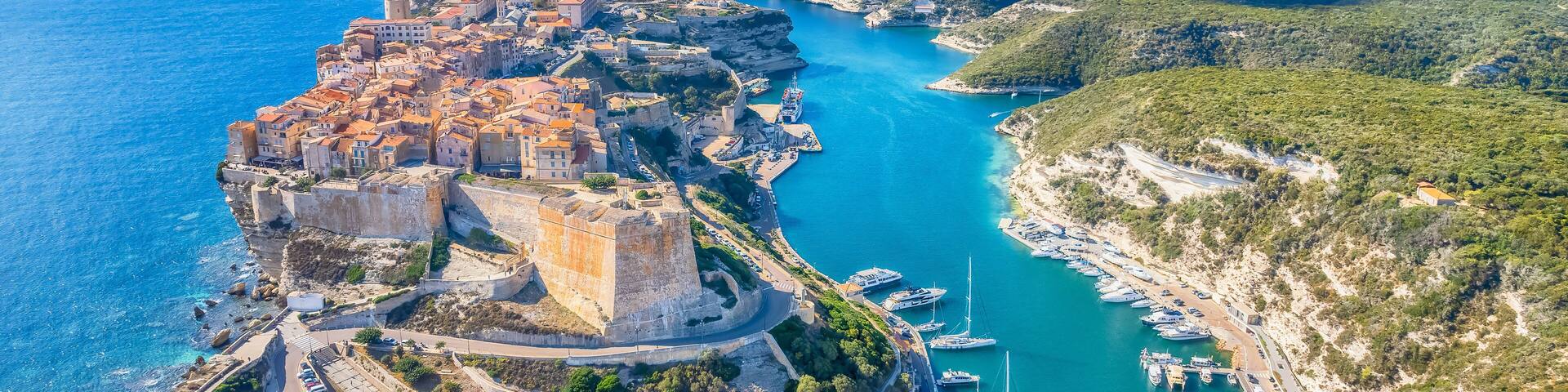 Aerial view of Bonifacio town in Corsica island, France