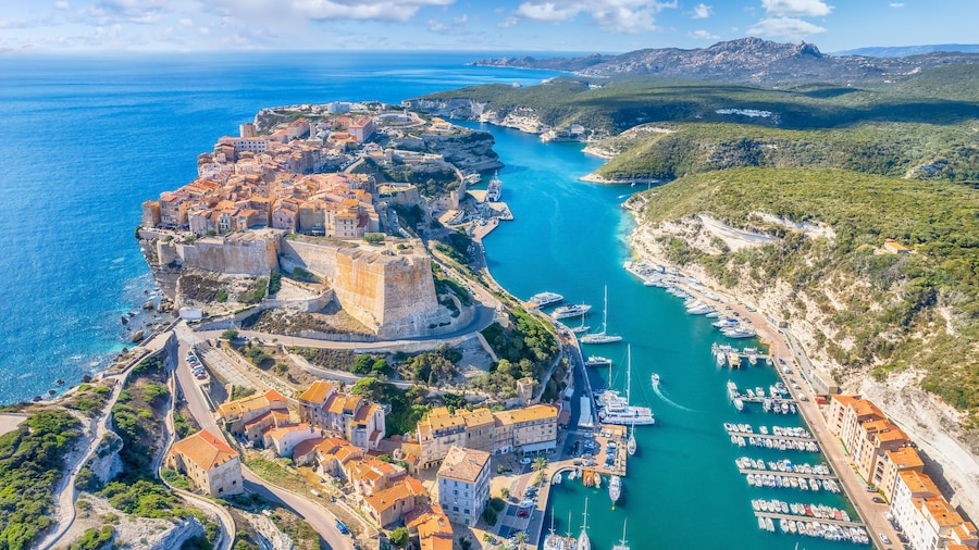 Aerial view of Bonifacio town in Corsica island, France
