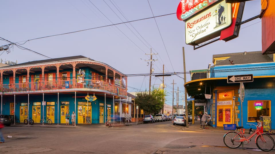 Frenchmen Street featuring street scenes, a small town or village and signage