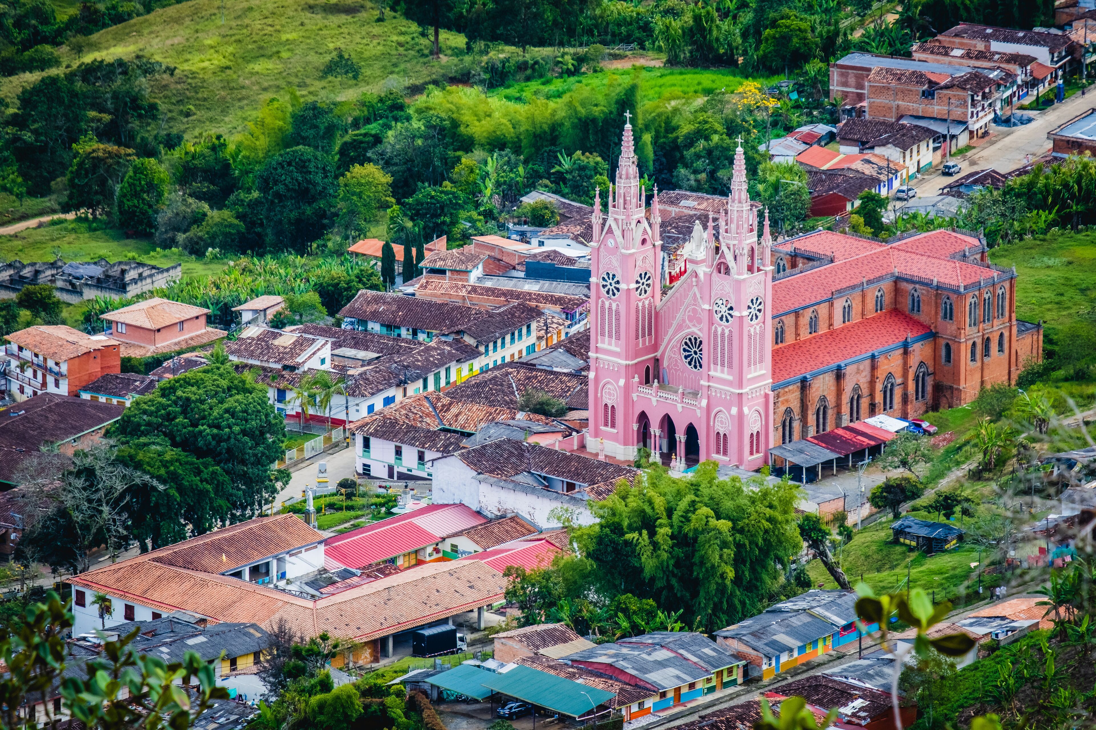 Jerico aerial view of small little traditional Colombian town in the andes mountains travel destination from medellin