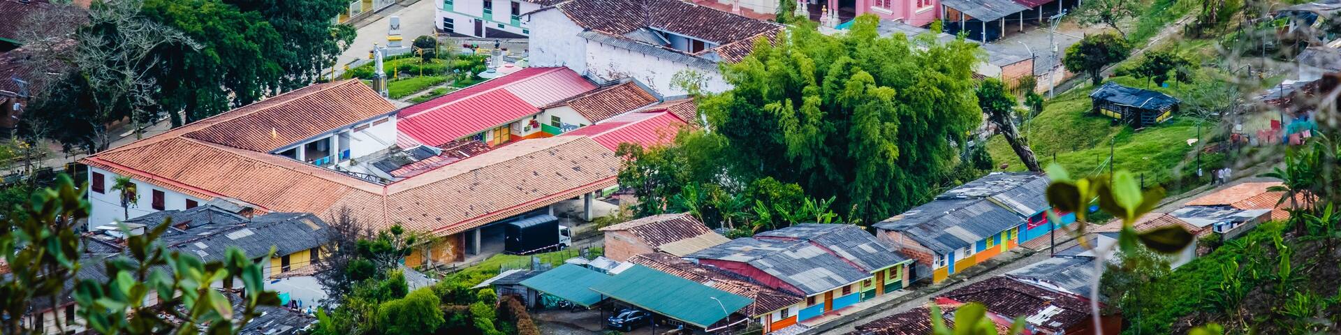 Jerico aerial view of small little traditional Colombian town in the andes mountains travel destination from medellin