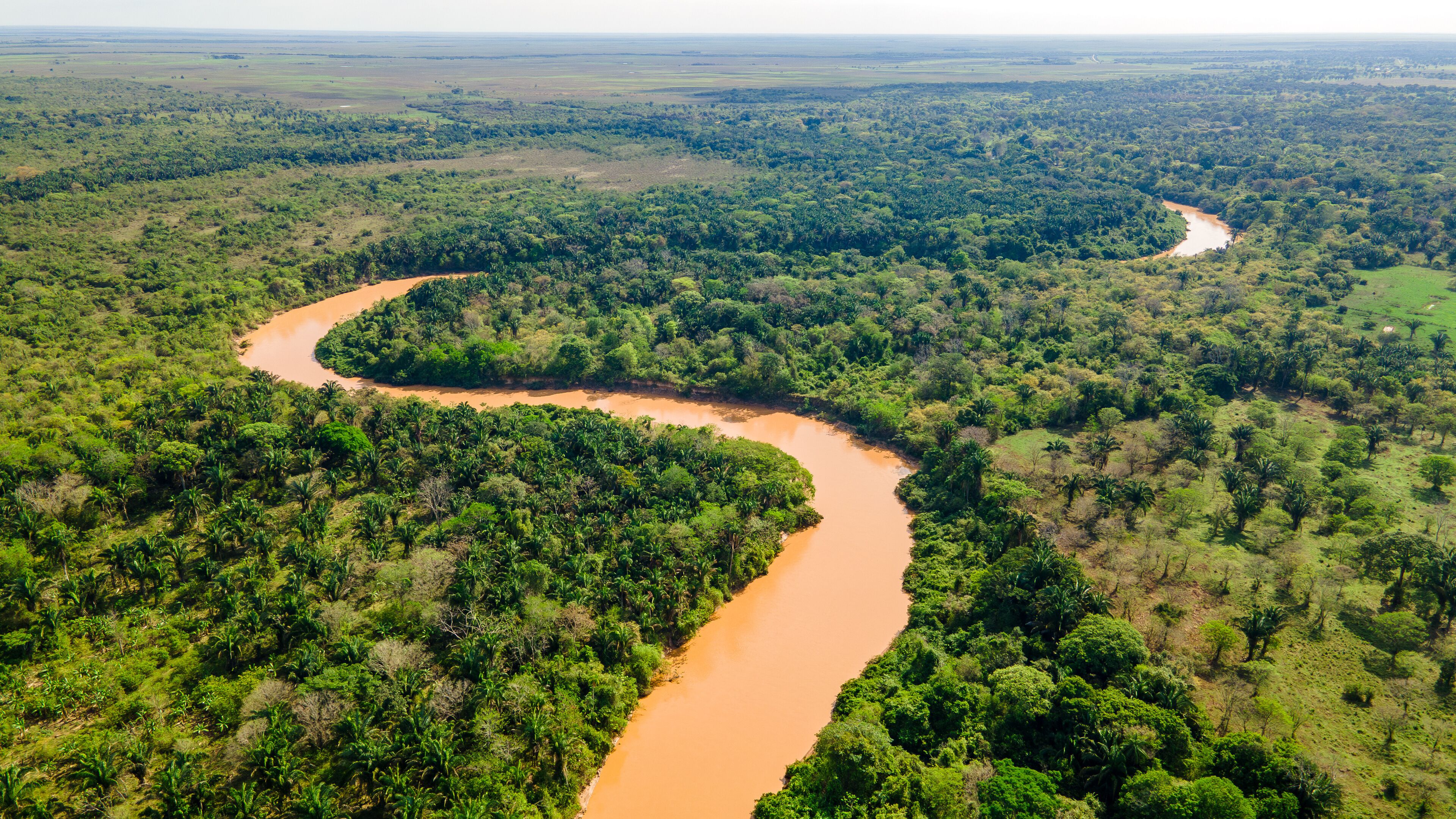 An aerial view of a winding river through a lush green landscape