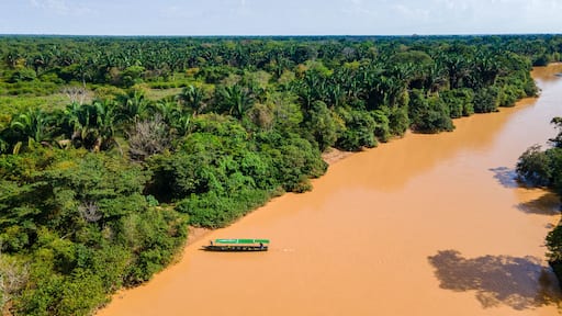 Muddy river with boat in Hato La Aurora, Colombia