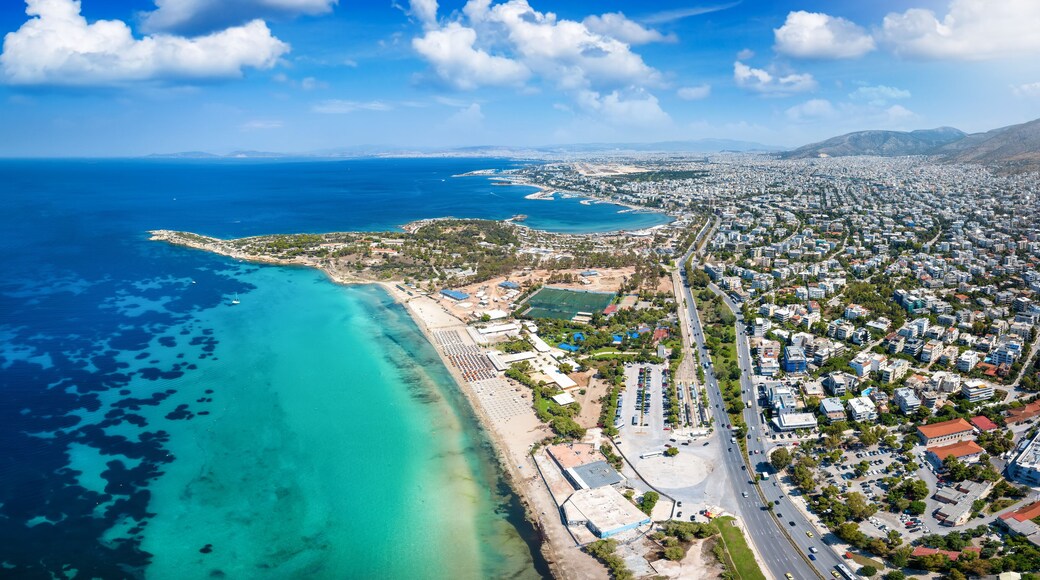 Aerial view of the beautiful coast of Voula, part of the Athens riviera, Greece, with the first public beach and turquoise sea