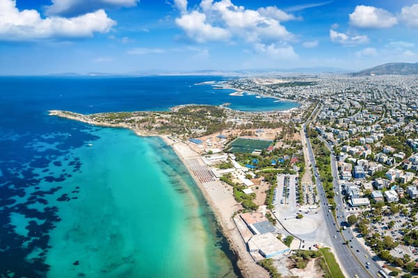 Aerial view of the beautiful coast of Voula, part of the Athens riviera, Greece, with the first public beach and turquoise sea