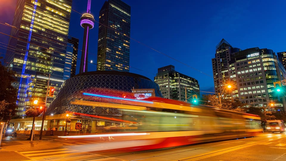 Toronto Entertainment District featuring a city and night scenes