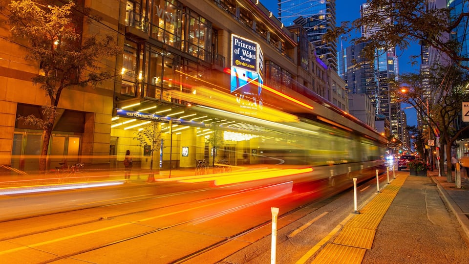 Toronto Entertainment District showing night scenes and a city