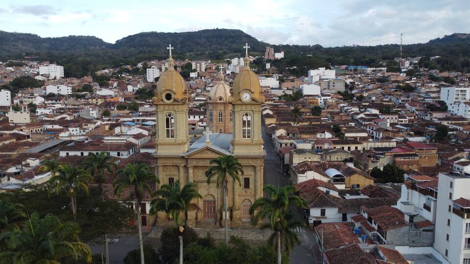 A historic church with two domes and a bell tower in a densely built urban area with palm trees and a hilly backdrop.