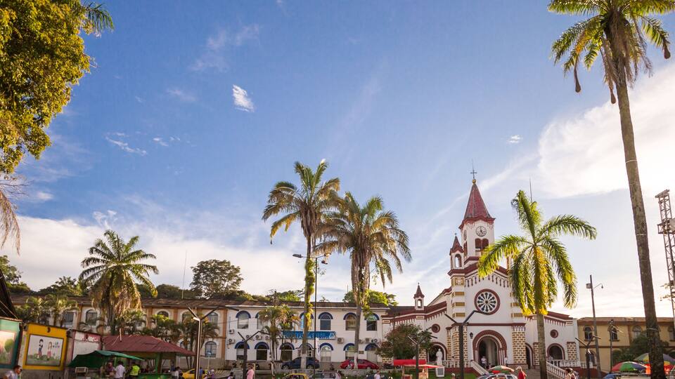 A church with a clock tower, palm trees, and a market area with people and vehicles.