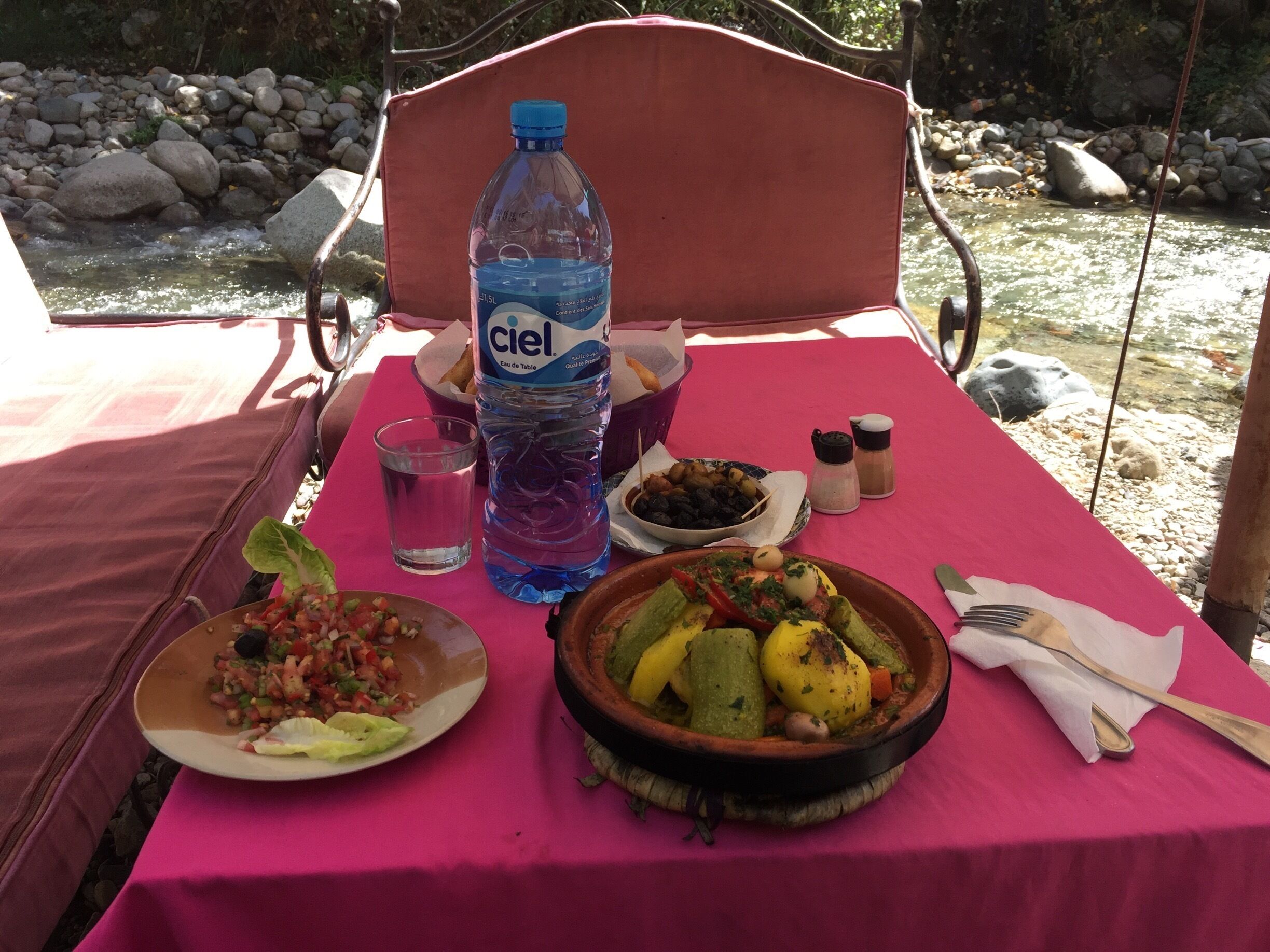 A picnic table with a pink tablecloth, a bottle of Ciel water, a bowl of salad, a plate of food, and a bowl of fruit.