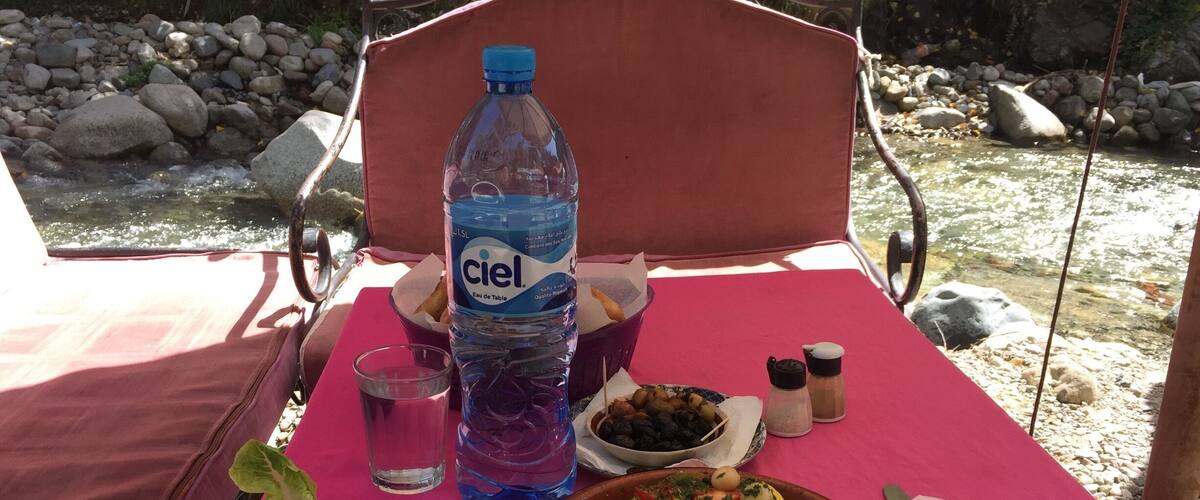 A picnic table with a pink tablecloth, a bottle of Ciel water, a bowl of salad, a plate of food, and a bowl of fruit.