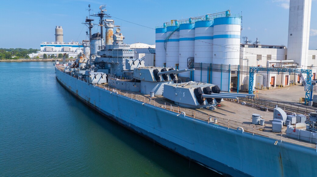 USS Salem CA-139 heavy cruiser aerial view at Weymouth Fore River in Quincy, Massachusetts MA, USA. The ship was built in 1949 and retired in 1959.
