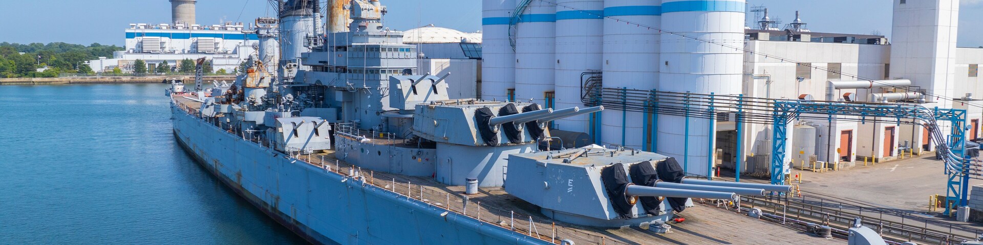 USS Salem CA-139 heavy cruiser aerial view at Weymouth Fore River in Quincy, Massachusetts MA, USA. The ship was built in 1949 and retired in 1959.