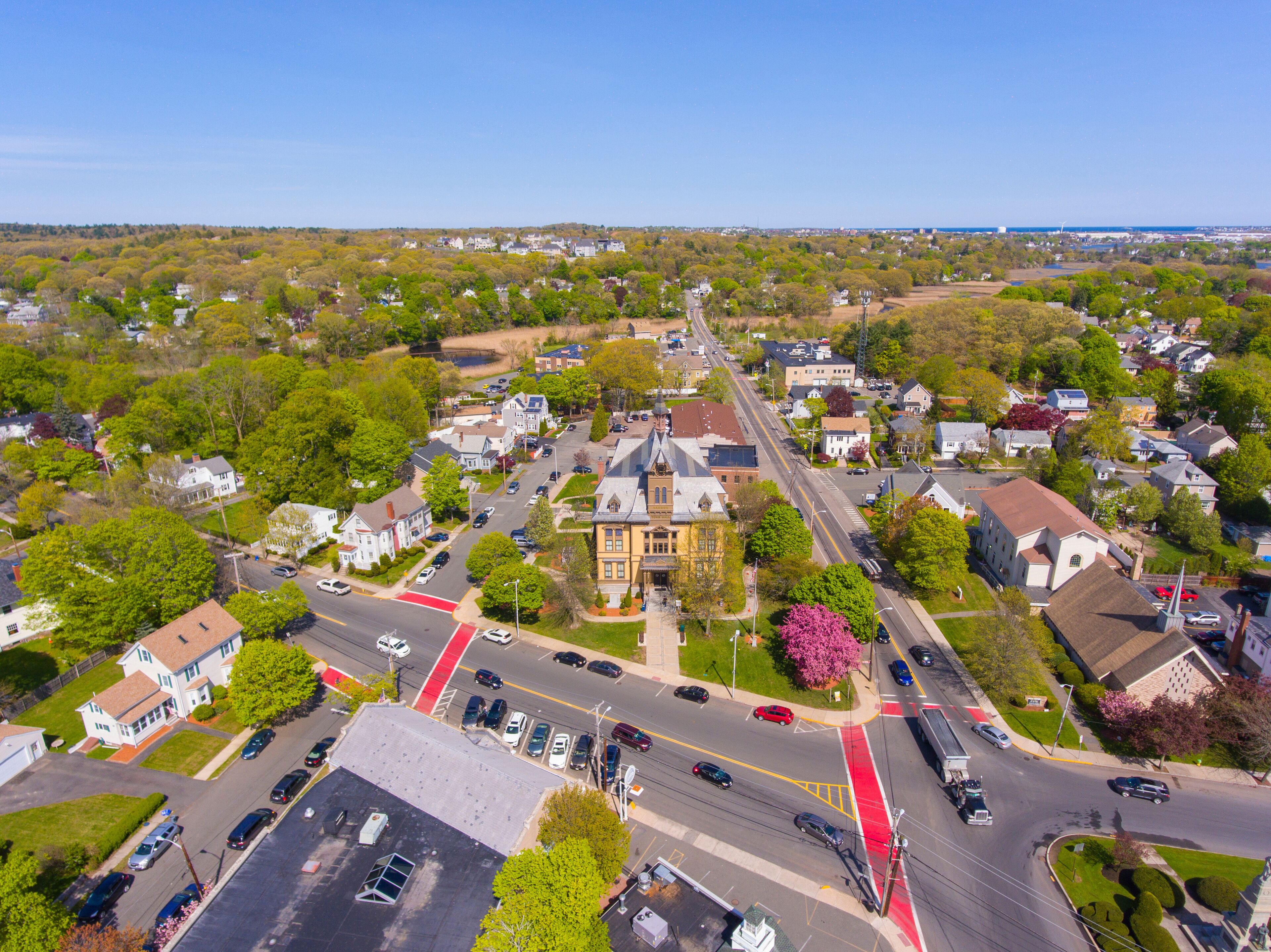 Saugus historic town center aerial view on Main Street in spring including Monument Square and Town Hall building on Central Street, Saugus, Massachusetts MA, USA. 