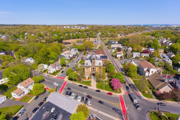 Saugus historic town center aerial view on Main Street in spring including Monument Square and Town Hall building on Central Street, Saugus, Massachusetts MA, USA.