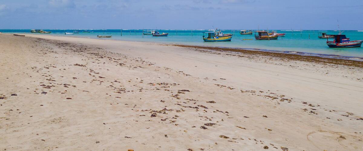 São José da Coroa Grande Beach, Pernambuco, Brazil featuring calm turquoise waters, anchored fishing boats, creating a unique tropical setting.