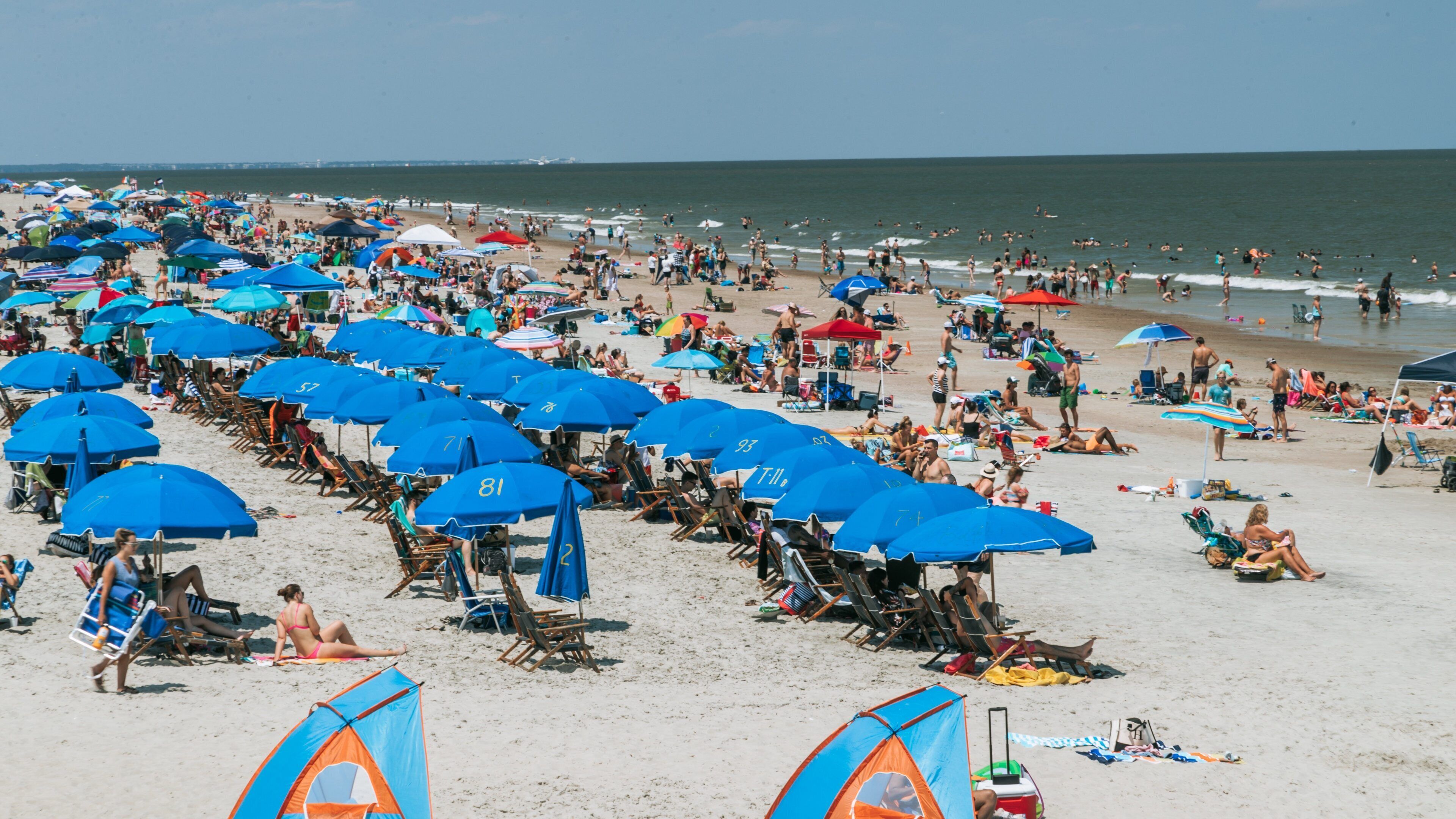Tybee Island Beach showing general coastal views and a sandy beach as well as a large group of people