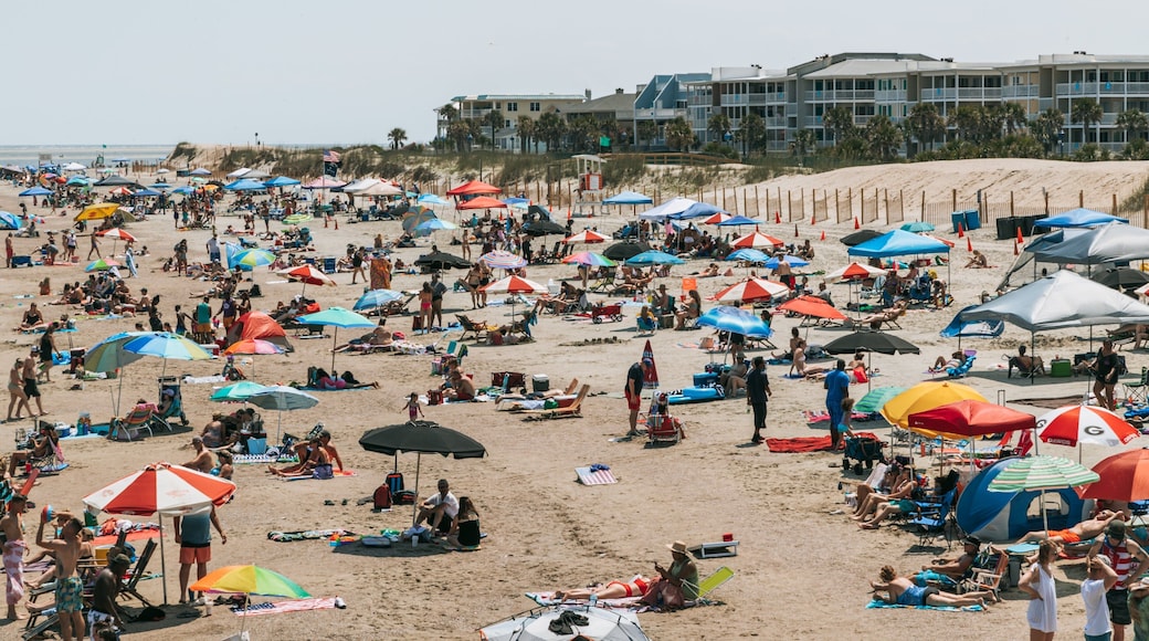 Tybee Island Beach featuring a sandy beach and landscape views as well as a large group of people