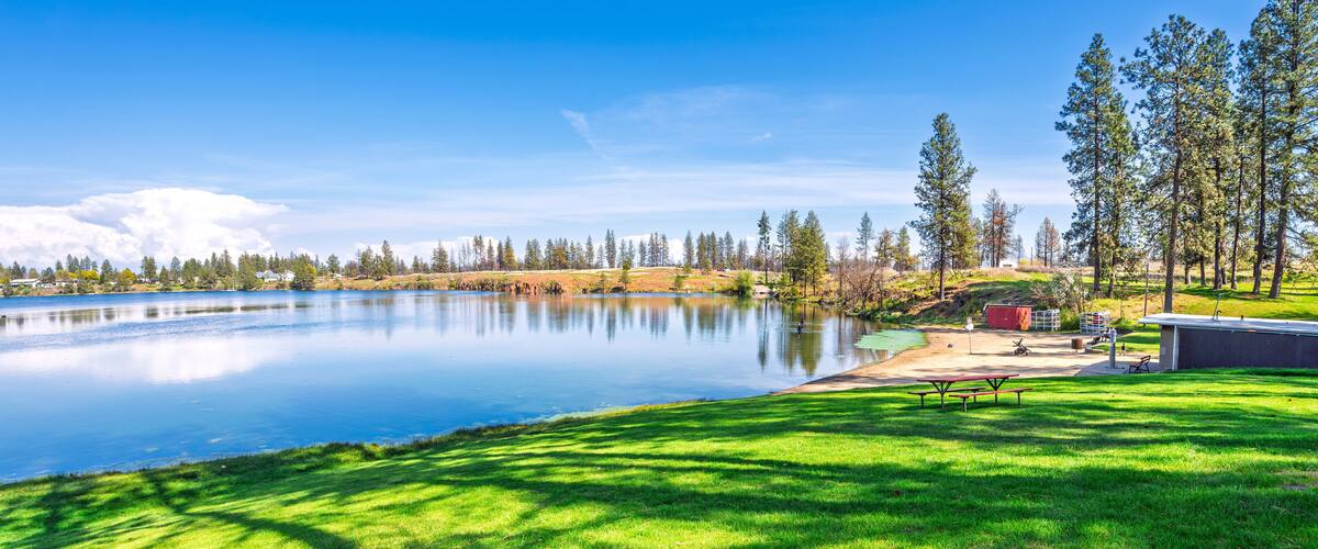 View from Medical Lake Waterfront Park of the small shallow Medical Lake, a popular flyfishing spot in the rural community east of Spokane, Washington State.