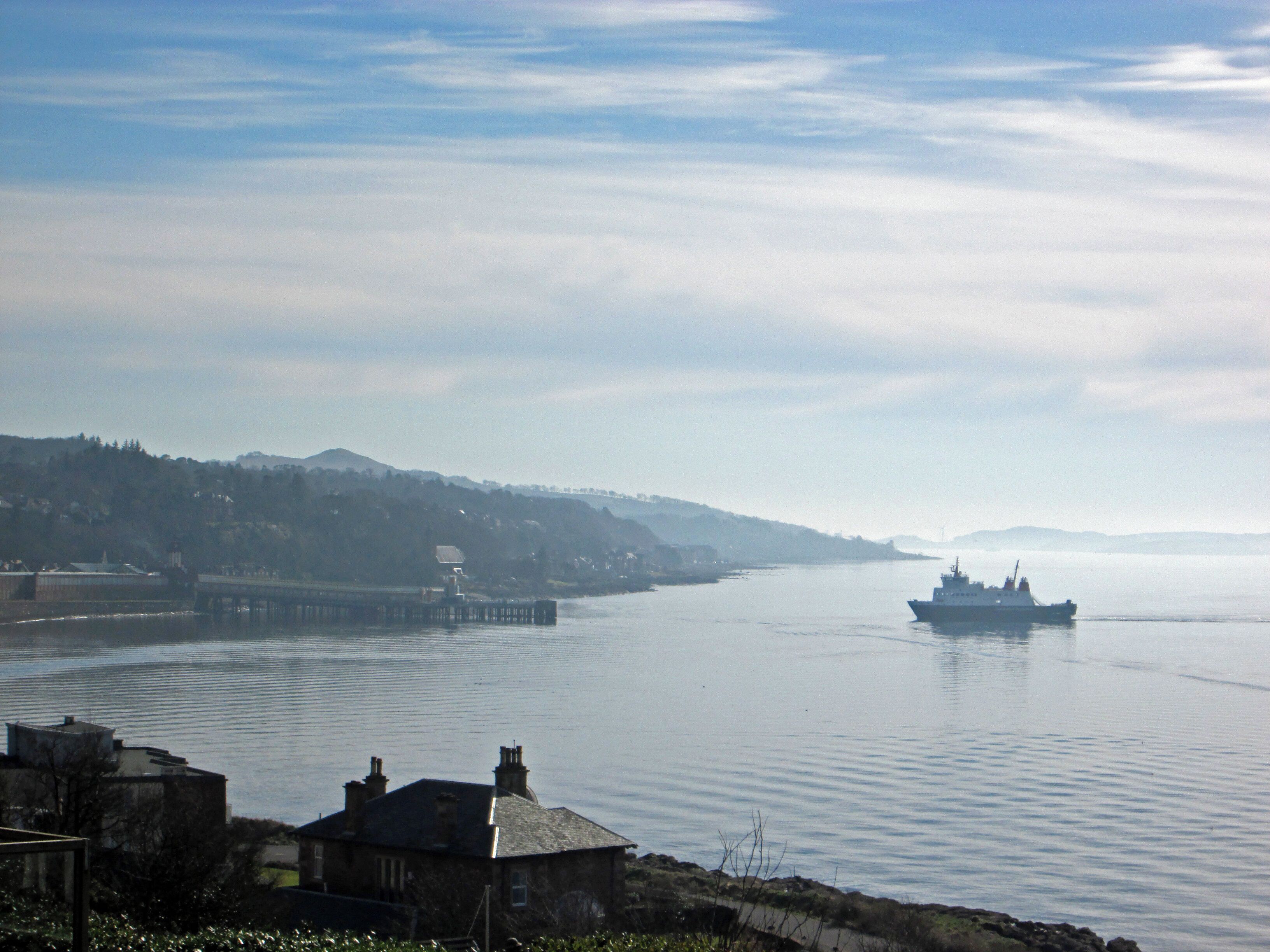 Wemyss Bay looking south from Cliff Terrace Road, with MV Bute approaching Wemyss Bay railway station and pier.