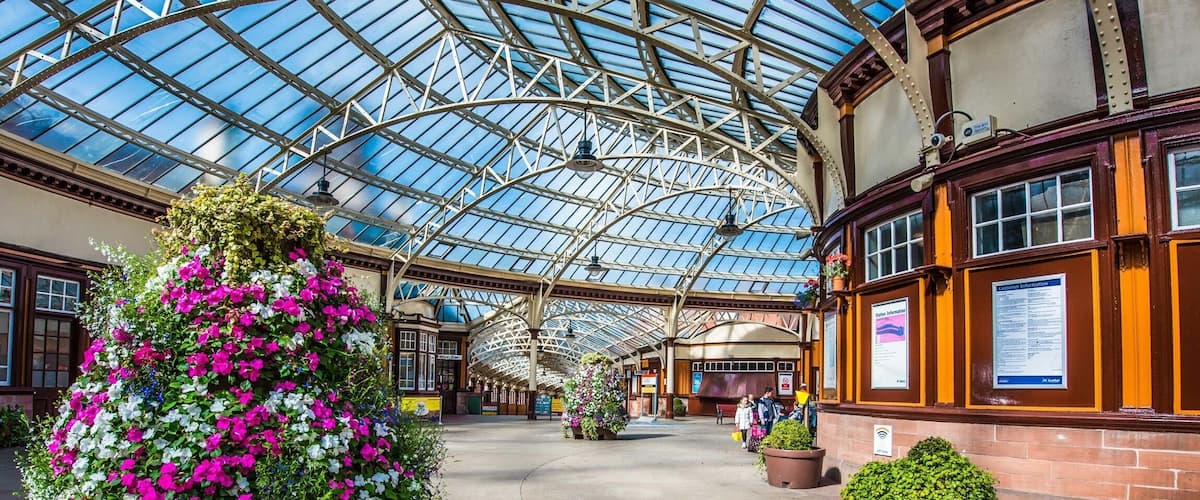 A covered walkway with a glass roof, potted plants, and wooden benches.
