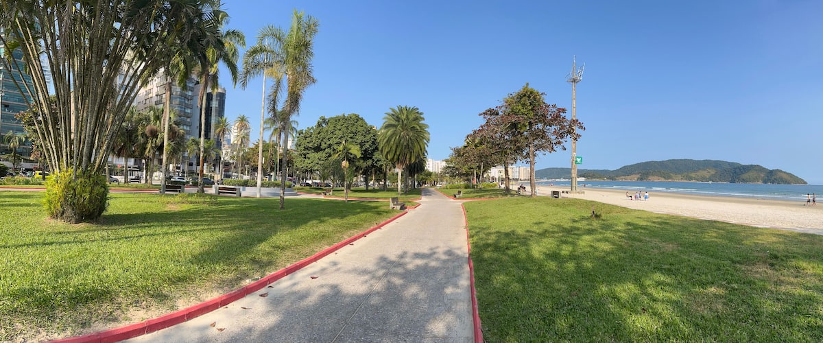 Santos, Brazil. Aparecida Beach, panoramic view from the waterfront gardens.
