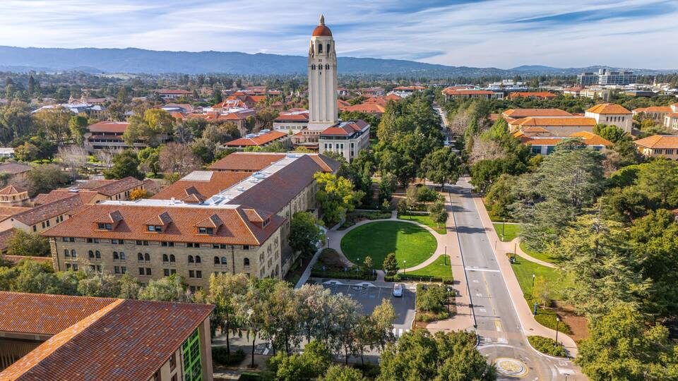 Aerial view of Stanford University, Palo Alto, Silicon Valley, California, USA.