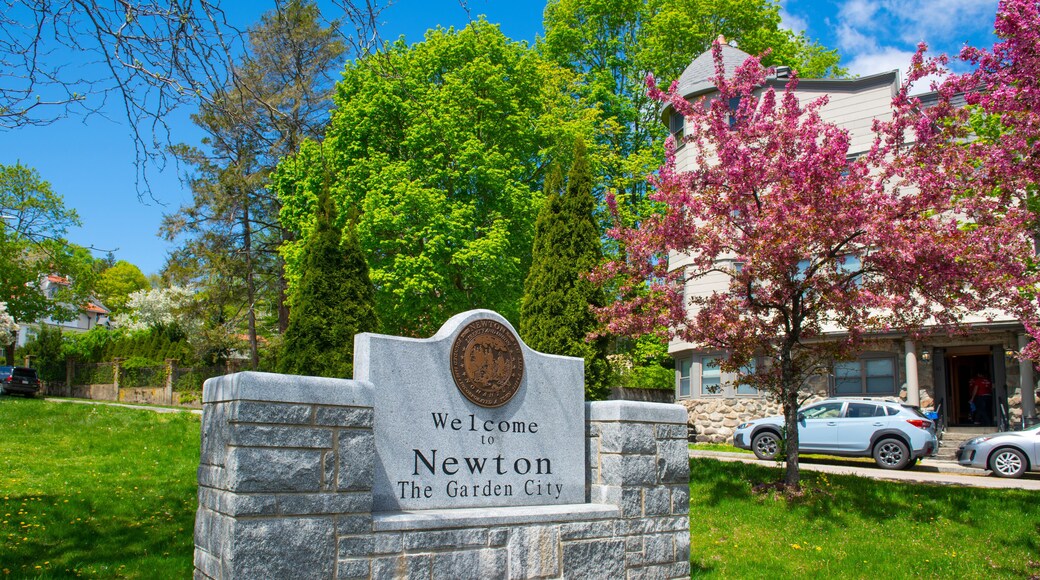 Welcome to Newton sign in spring on Commonwealth Avenue in Chestnut Hill, city of Newton, Massachusetts MA, USA.