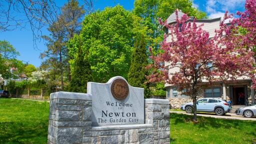 Welcome to Newton sign in spring on Commonwealth Avenue in Chestnut Hill, city of Newton, Massachusetts MA, USA.